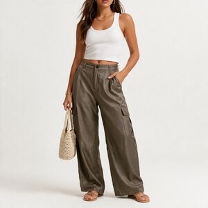 Olive Satin Cargo Pants Women Wide Leg Khaki Matte Utility Chic Wmn's Medium